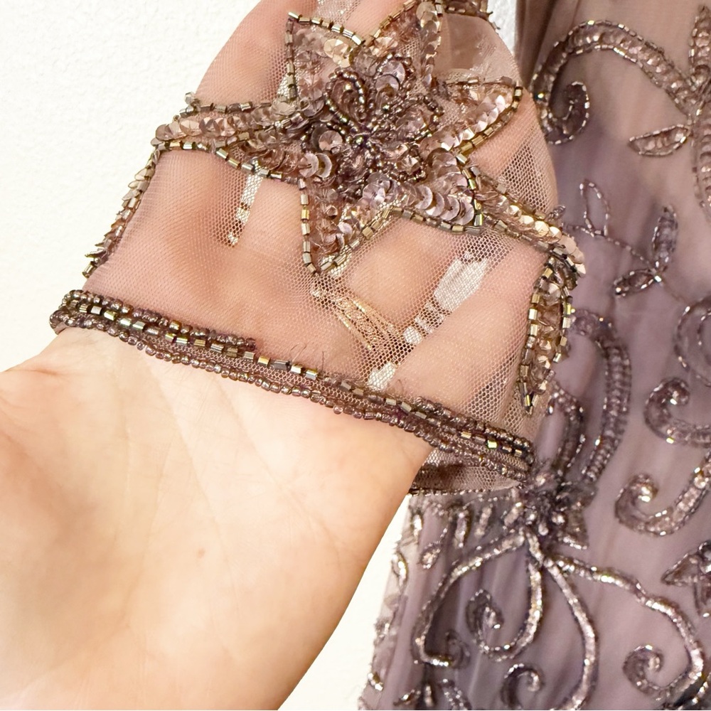 Pisarro Nights Beaded Illusion Neck Gown Mauve Tulle Flare Godet Hem Midi Size 6 - Picture 10 of 14